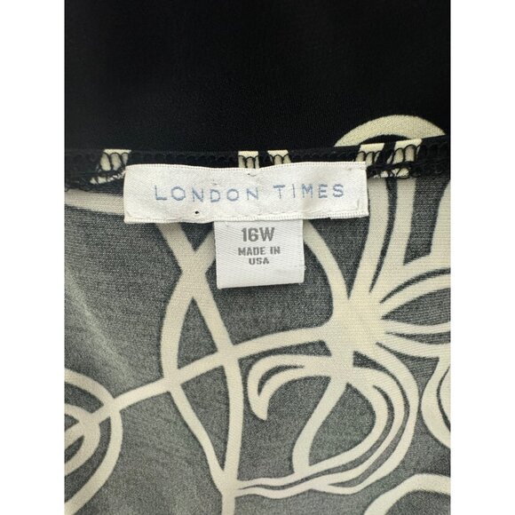 London Times Black Ivory Floral Print Ruched Waist Midi Dress Size 16W 1X Plus - Picture 3 of 6